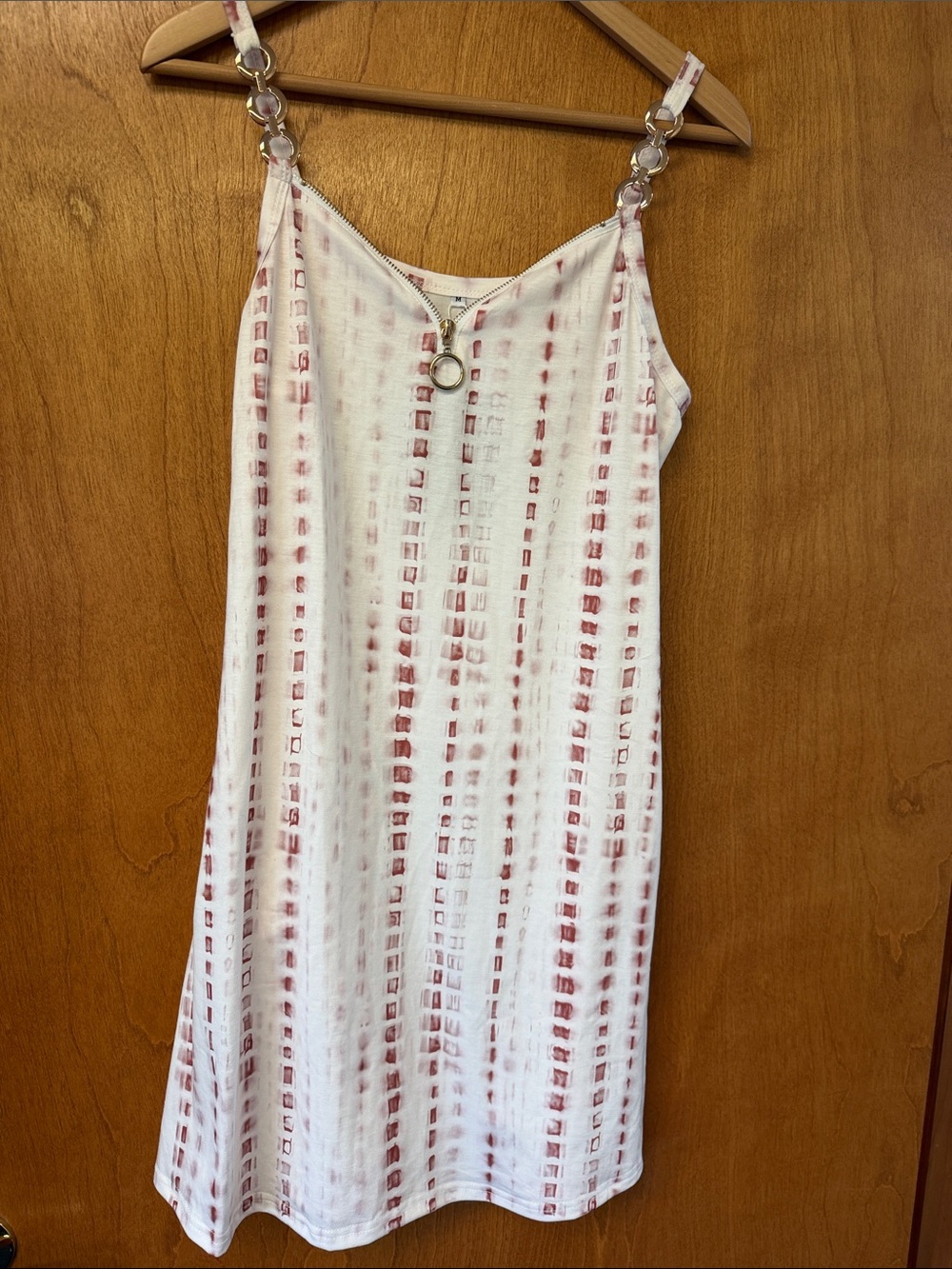 Ring-Detail White Mini Dress with Dusty Rose Stripe Print